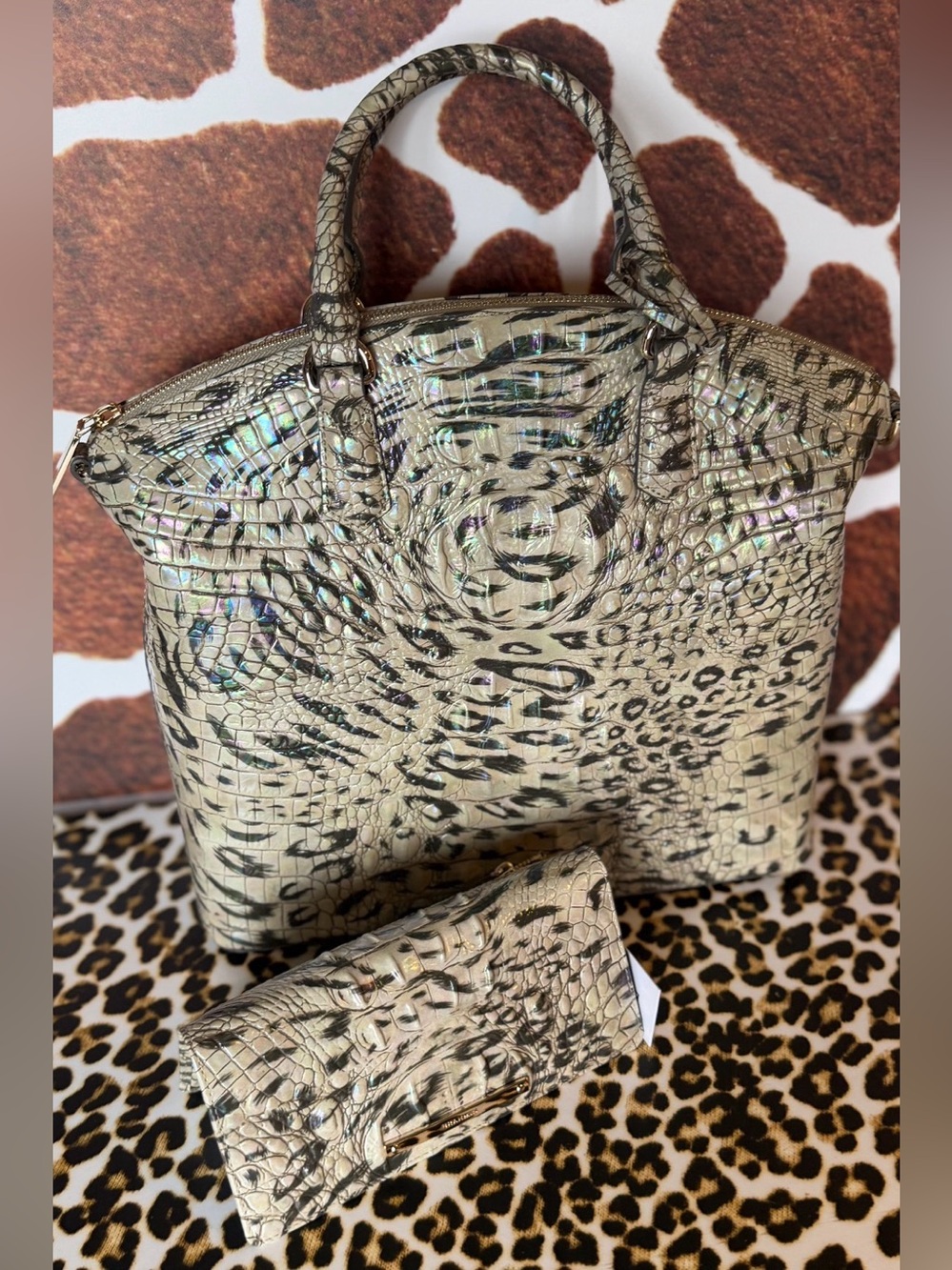 NWT BRAHMIN LARGE DUXBURY OBSESSION Animal Print With Wallet Leopard Cheetah - Picture 12 of 16